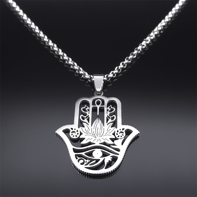 Fatima's Hand Of Hamsa Horus Lotus Eye Necklace Women's Stainless Steel Silver Ankle Key To Life