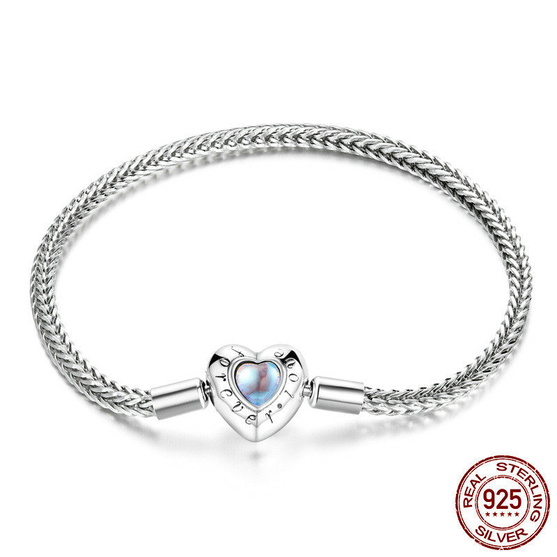 Heart Moonstone Inlaid Sterling Silver Women Bracelet