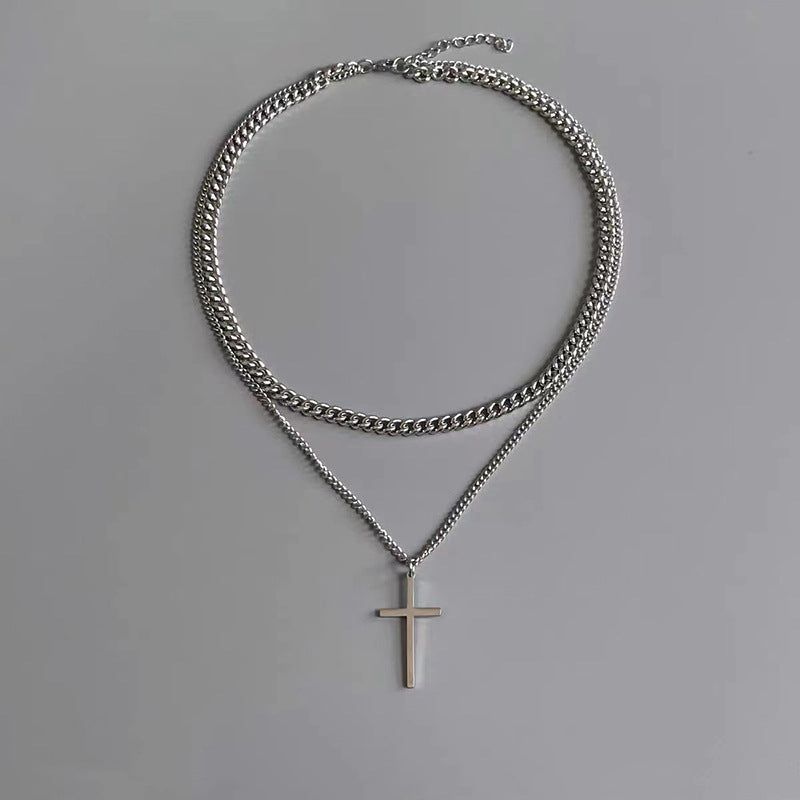 Titanium Steel Double Layer Cross Necklace Cuban Men