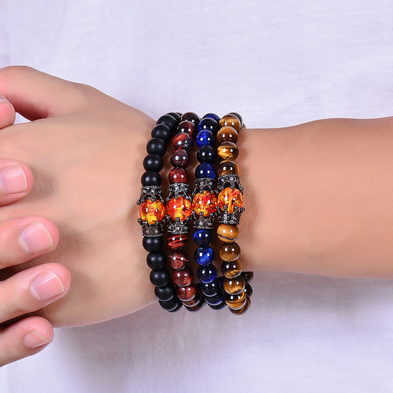 Tigereye Vintage Alloy Crown Bracelet Men And Women Beaded Bracelet