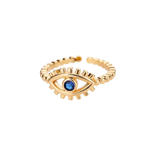 Turkish Zircon Evil Eye Rings For Women Open Gold Plated Stainless Steel Ring Couple Rings