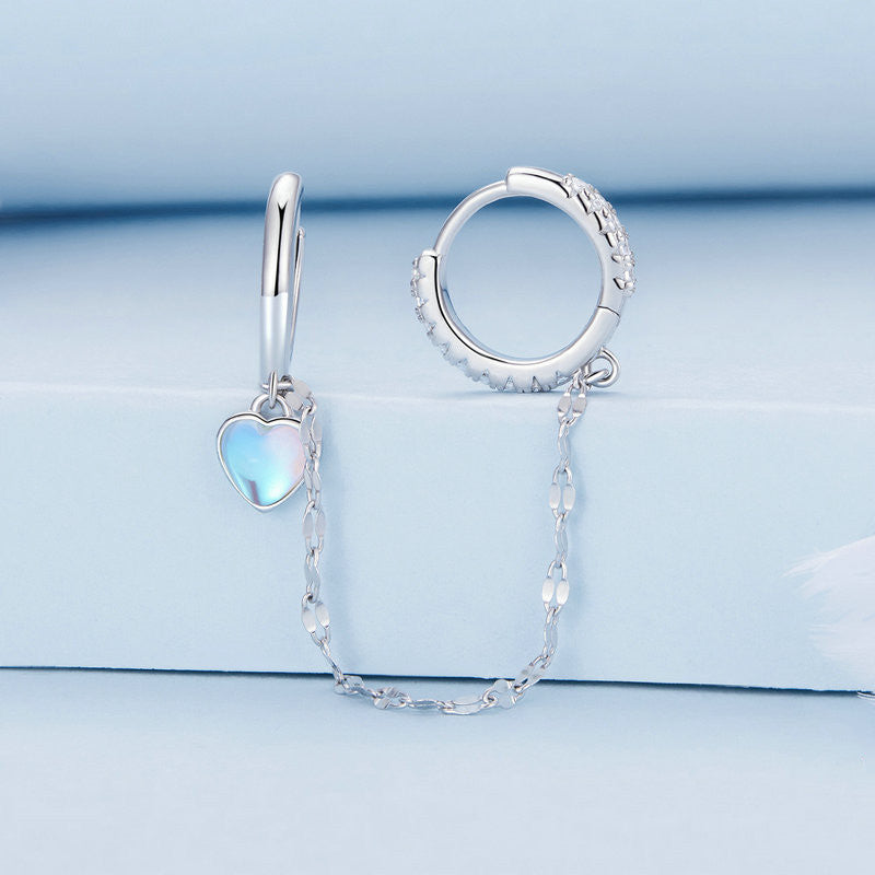 Heart Shaped Moonstone Double Ear Buckle Women Earrings