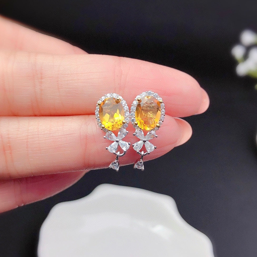 Natural Citrine Stud Earrings Women's Crystals Fully Purified