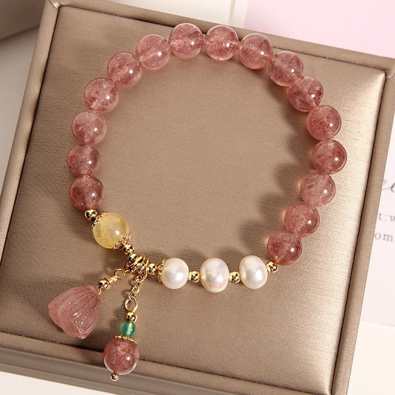 Natural Strawberry Quartz Lotus Seedpod Pendant Bracelet