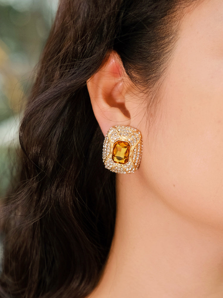 Square Full Zircon Citrine Silver Pin Earrings