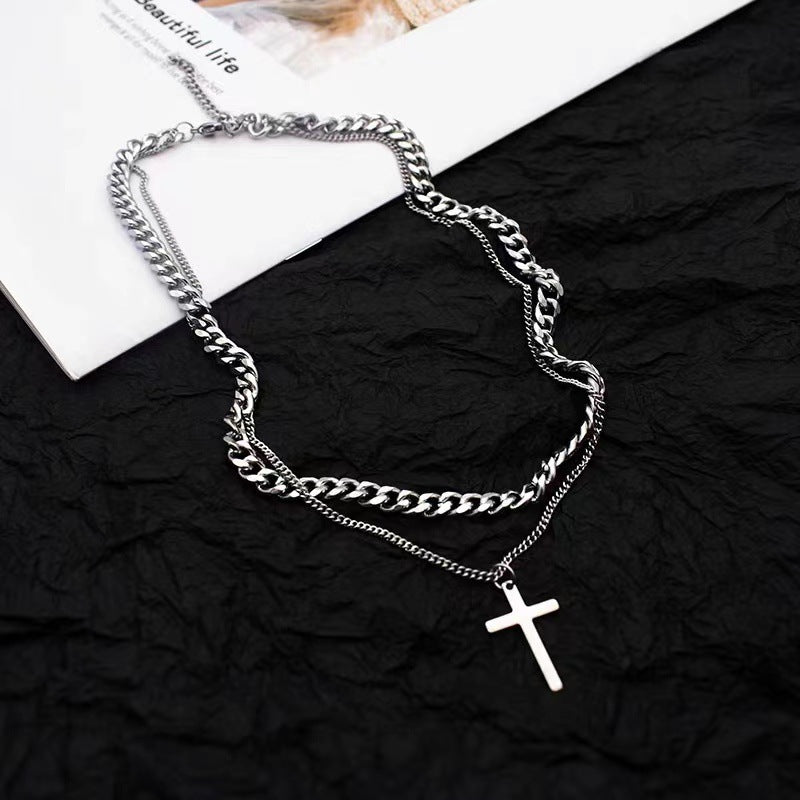 Titanium Steel Double Layer Cross Necklace Cuban Men