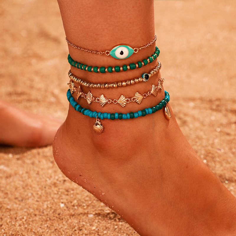 Rice Beads Evil Eye Scallop 5-piece Anklet