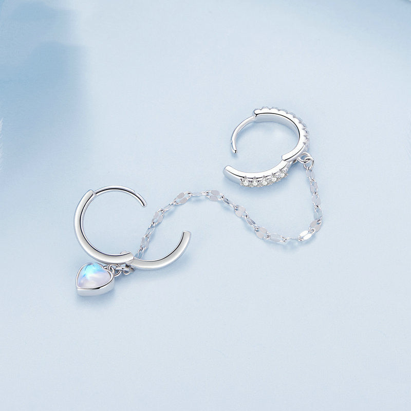 Heart Shaped Moonstone Double Ear Buckle Women Earrings