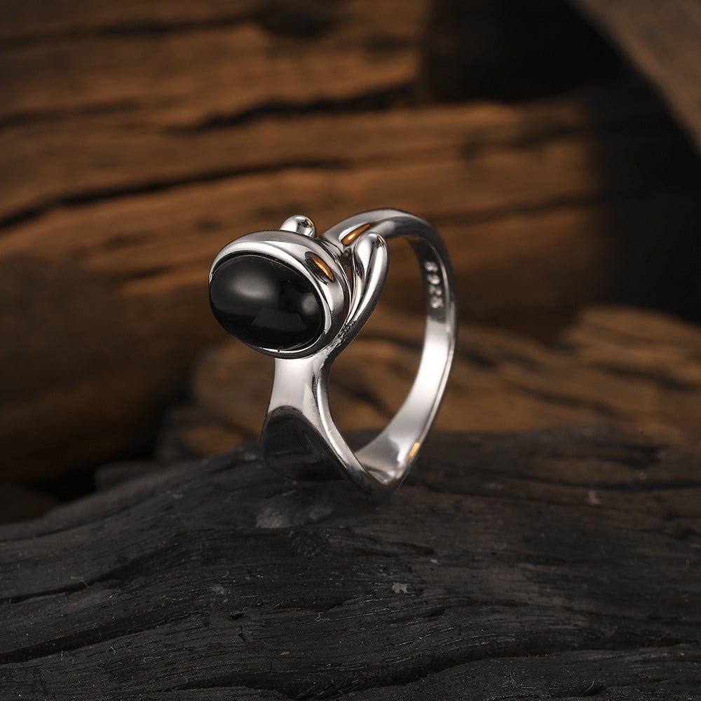 S925 Natural Black Agate Women Ring