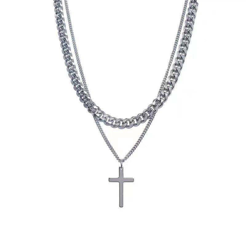 Titanium Steel Double Layer Cross Necklace Cuban Men