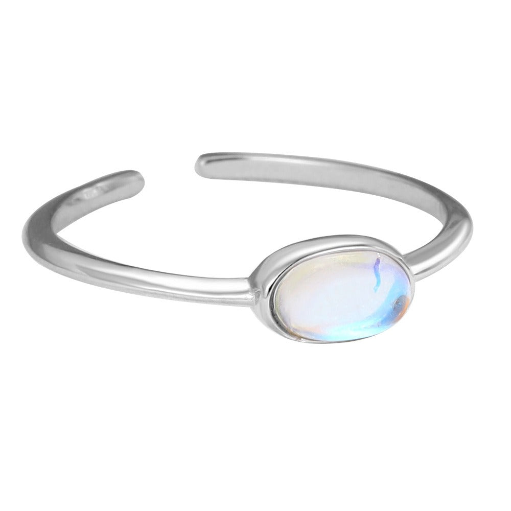 Temperament Trinkets S925 Sterling Silver Moonstone Oval Open Ring Personality Simple Women Index Finger Ring