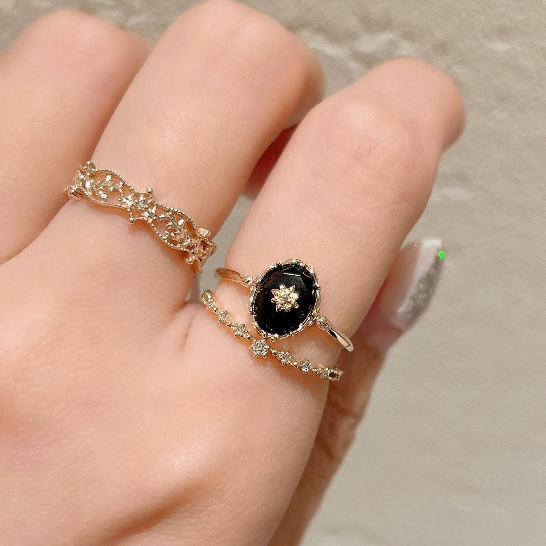 Natural Black Agate Flower Cut Women Ring Pendant