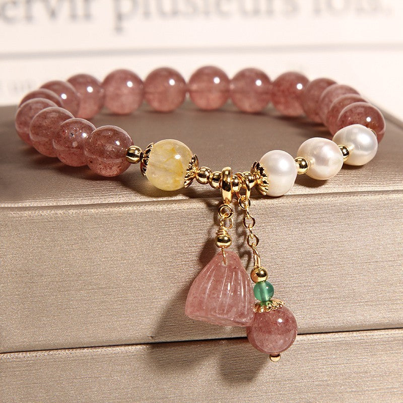 Natural Strawberry Quartz Lotus Seedpod Pendant Bracelet