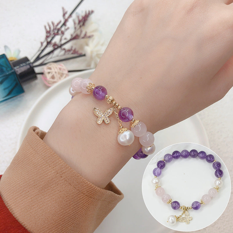 Butterfly Amethyst Pearl Crystal Bracelet