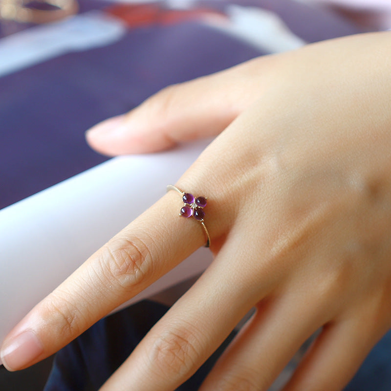 Silver925 Amethyst Ring Vintage Four-leaf Clover