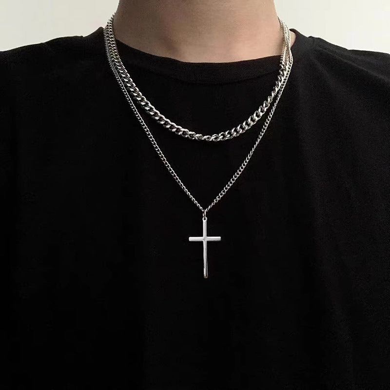 Titanium Steel Double Layer Cross Necklace Cuban Men