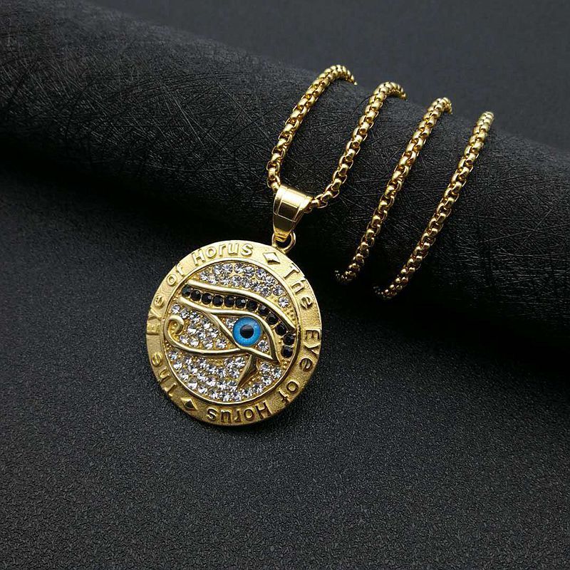 Titanium Steel Gold Plated Rhinestone Eye of Horus Pendant men Necklace