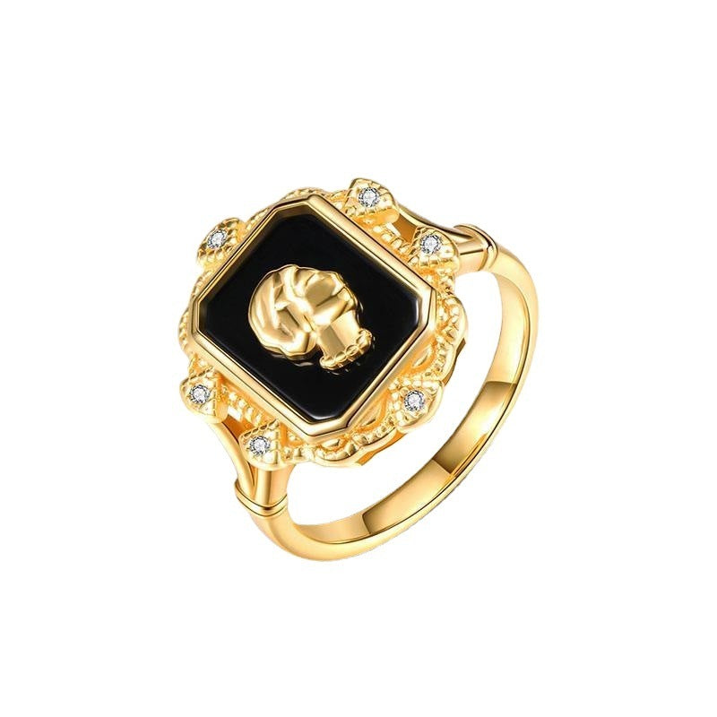 Antique Beauty Head Black Agate Embossed Seal Women Ring