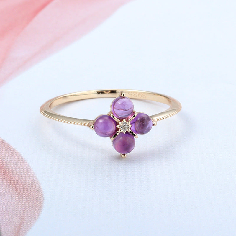 Silver925 Amethyst Ring Vintage Four-leaf Clover