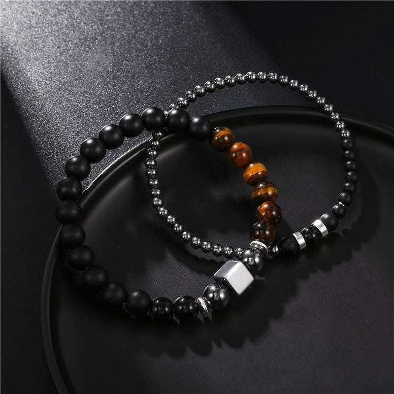 Black Frosted Tigereye Cube Elastic Men Bracelet Set