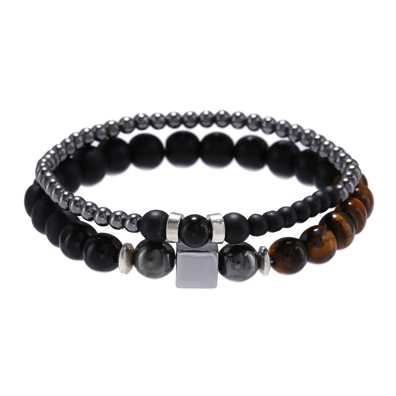 Black Frosted Tigereye Cube Elastic Men Bracelet Set