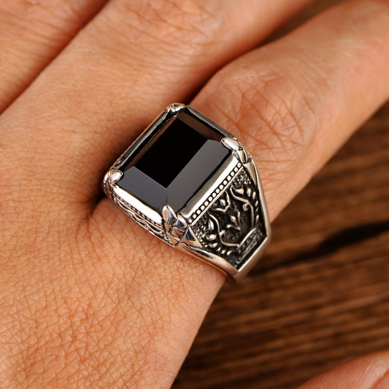 Sterling Silver 925 Jewelry Artificial Black Agate Men's Ring