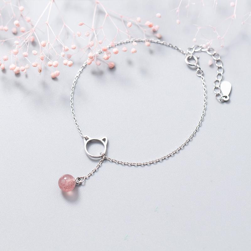 Rose Quartz Cat Silver Women Bracelet