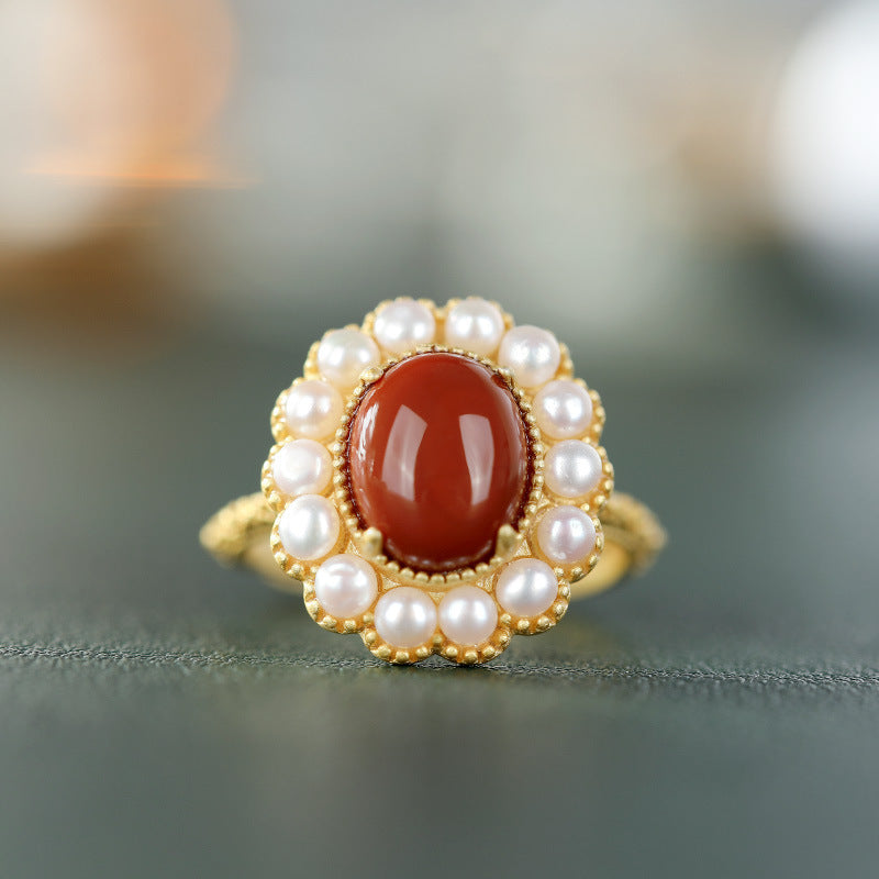 South Red Agate Pearl Embellished Embossed Women Ring