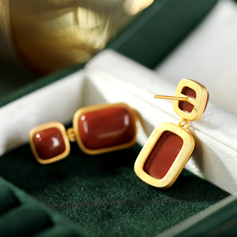 S925 Sterling Silver Gold-Plated Southern Red Agate Earrings