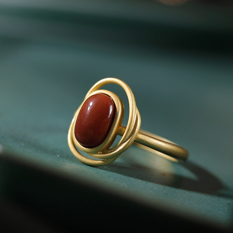 S925 Sterling Silver Gold-plated Natural Southern Red Agate Geometric Retro Fashion Women Ring