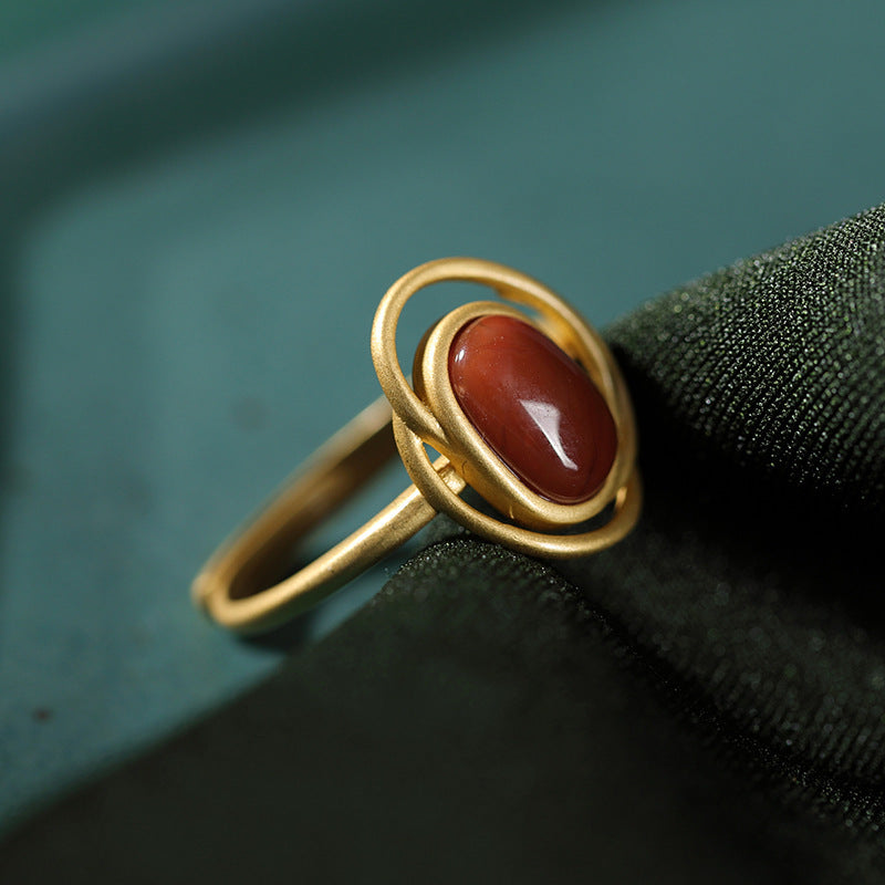 S925 Sterling Silver Gold-plated Natural Southern Red Agate Geometric Retro Fashion Women Ring