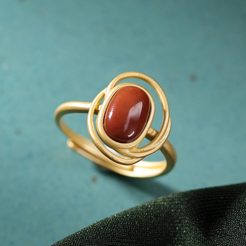 S925 Sterling Silver Gold-plated Natural Southern Red Agate Geometric Retro Fashion Women Ring