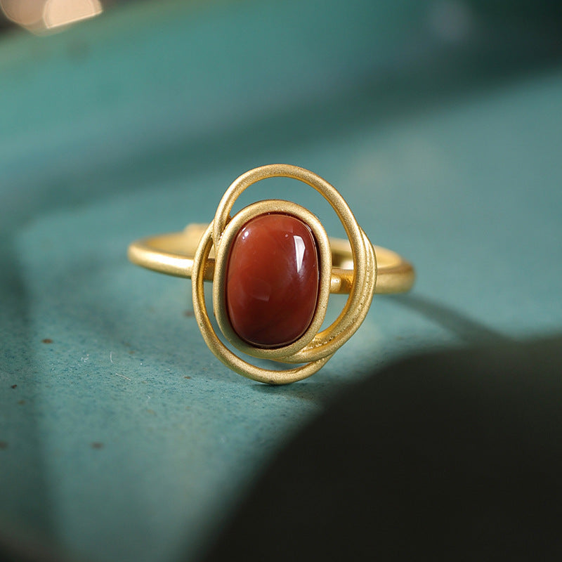 S925 Sterling Silver Gold-plated Natural Southern Red Agate Geometric Retro Fashion Women Ring