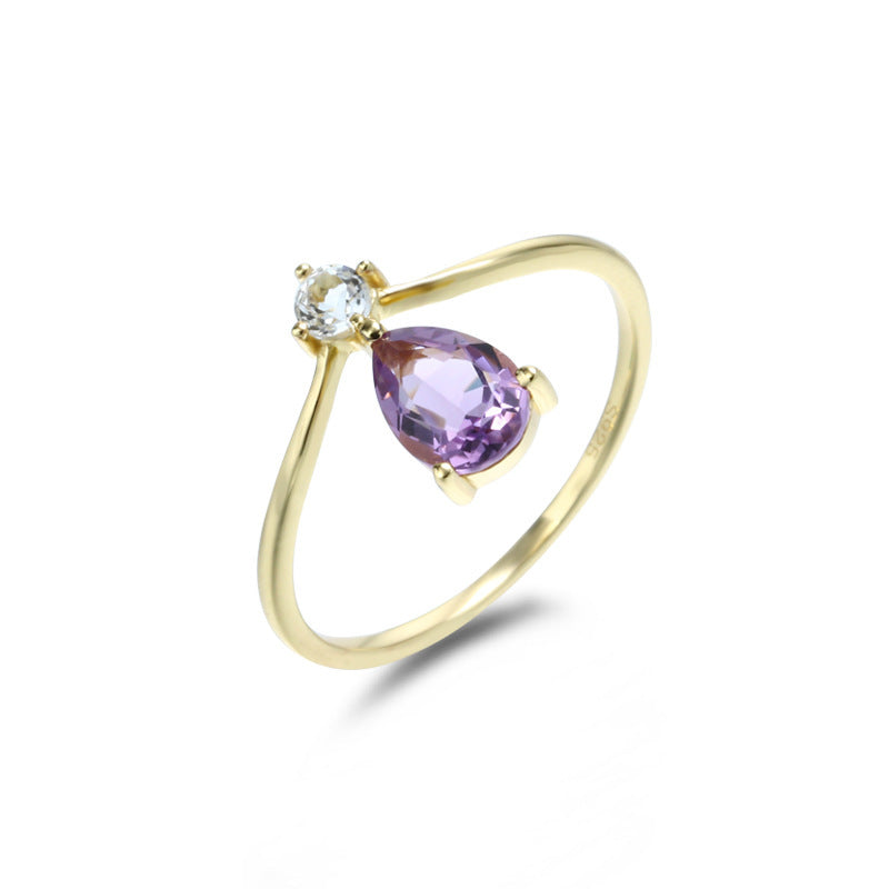 Silver Drop-Shaped Amethyst Topaz Women Ring Simple