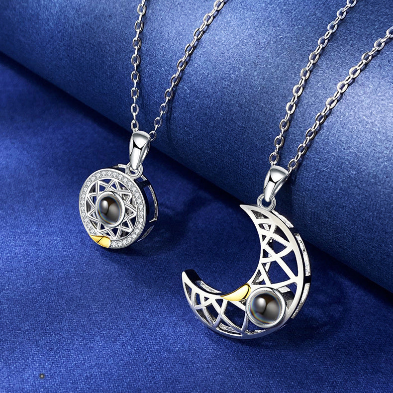 Sun Moon Shape Couple Personalized Necklaces Wedding Birthday Jewelry 100 Languages I Love You Projection Pendant Necklace Gifts