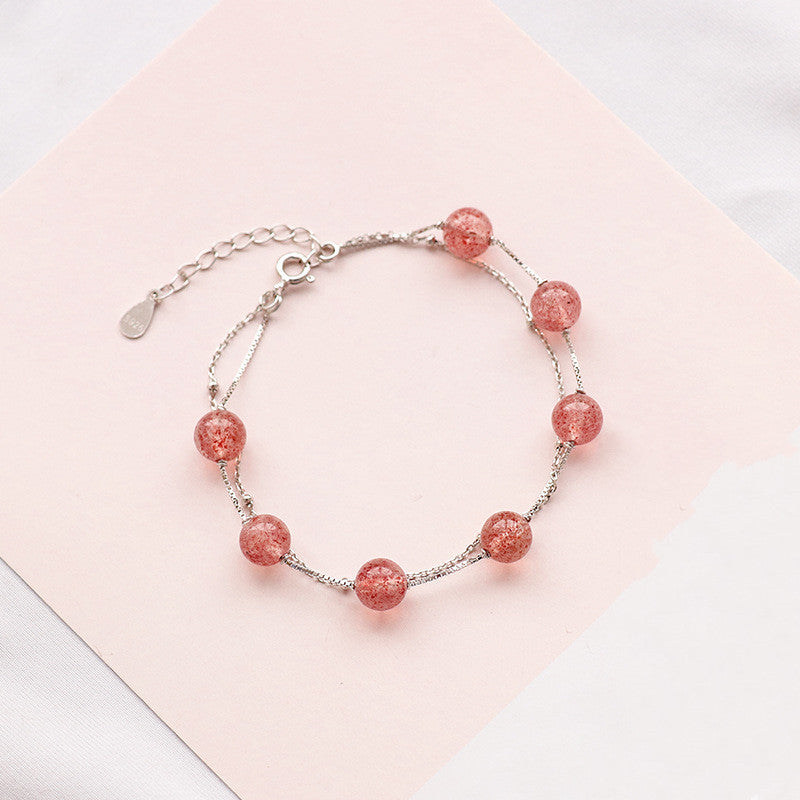 Double Layer Strawberry Rose Quartz Women Bracelet Natural Pink Crystal