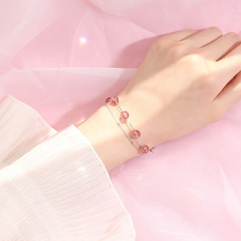 Double Layer Strawberry Rose Quartz Women Bracelet Natural Pink Crystal