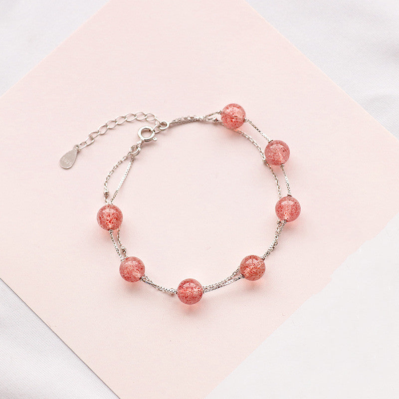 Double Layer Strawberry Rose Quartz Women Bracelet Natural Pink Crystal