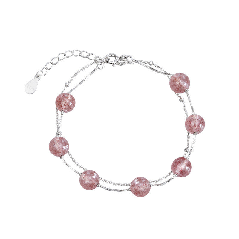 Double Layer Strawberry Rose Quartz Women Bracelet Natural Pink Crystal