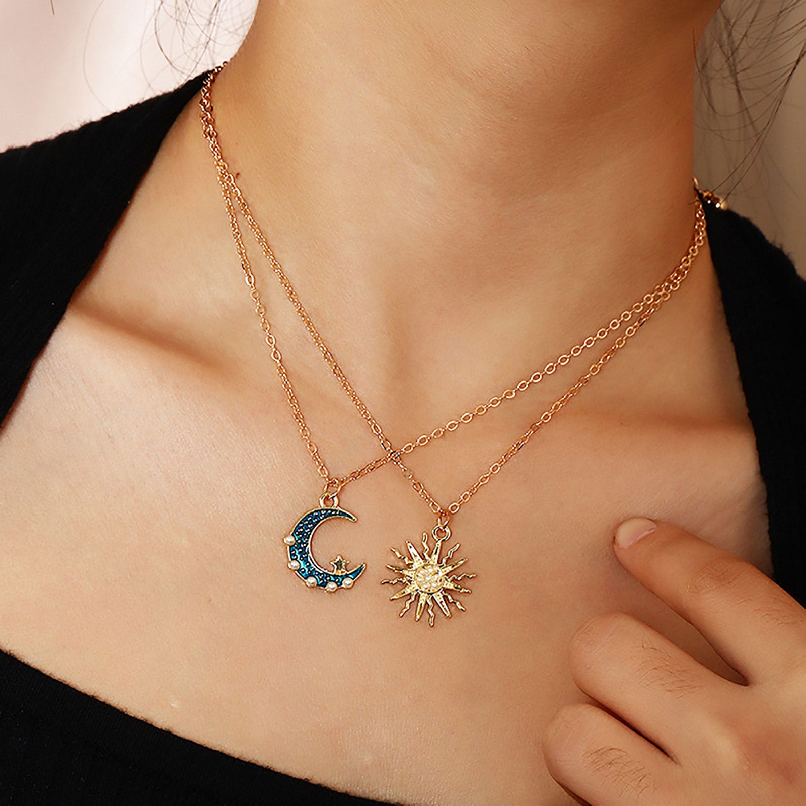 Sun Moon Necklace Blue Gold Stainless Steel Pendant Necklaces Jewelry