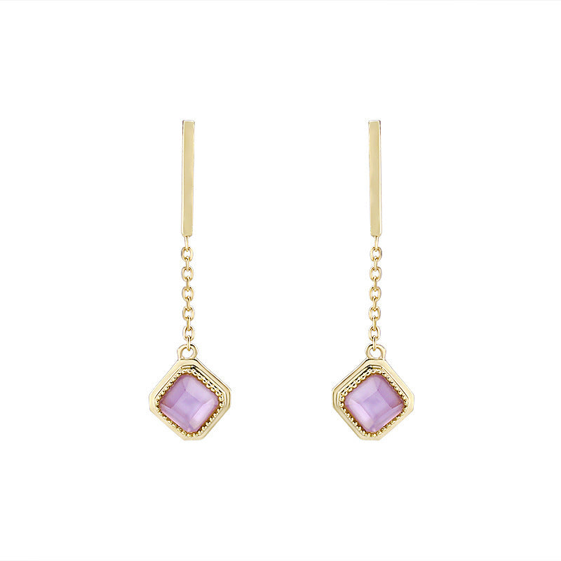 Sterling Silver Gold-Plated Square Amethyst Tassel Women Earrings