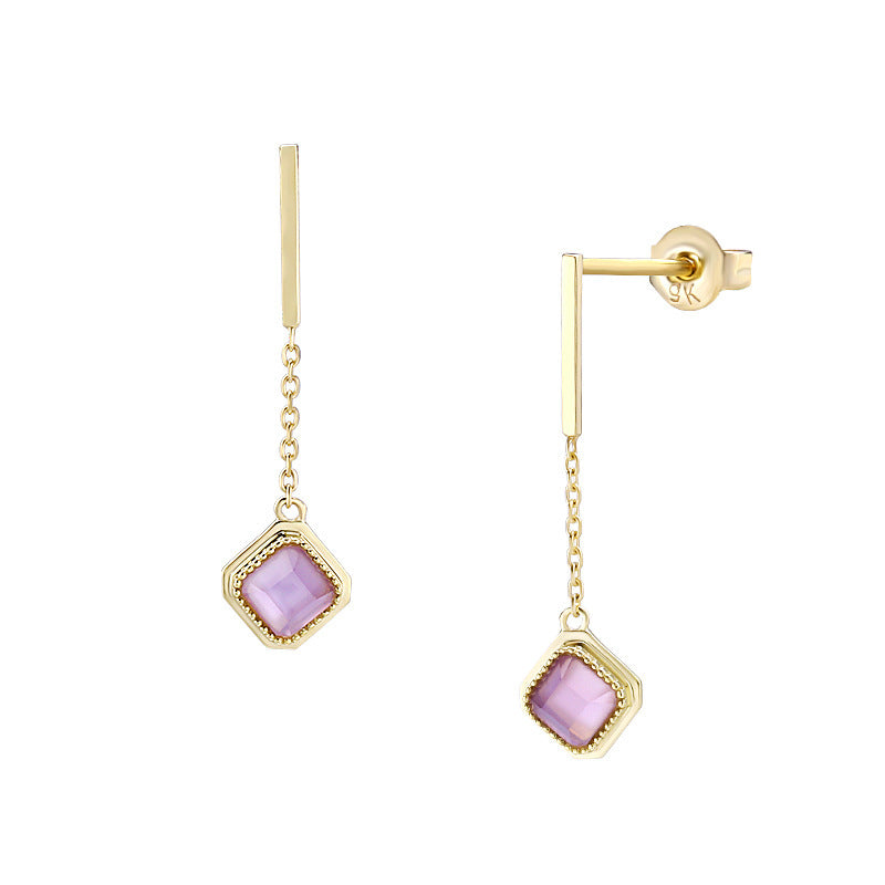 Sterling Silver Gold-Plated Square Amethyst Tassel Women Earrings