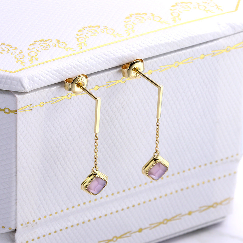 Sterling Silver Gold-Plated Square Amethyst Tassel Women Earrings