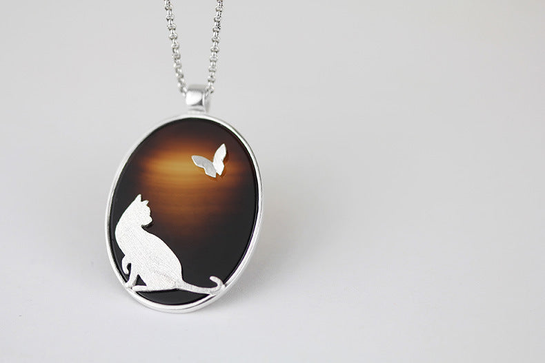 Original Looking For Beautiful Art Cat Butterfly Agate S925 Sterling Silver Women Sweater Pendant Pendant