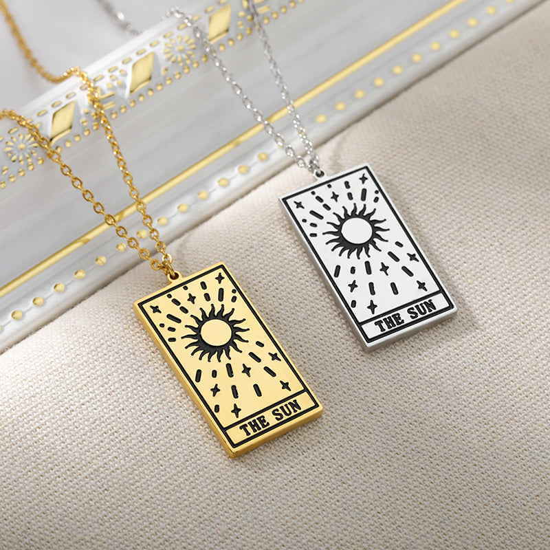 Square Tarot Cards Necklace For Women Gold Stainless Steel Moon Sun Couple Pendant Neck Chain Necklace Vintage Cute Jewelry Gift