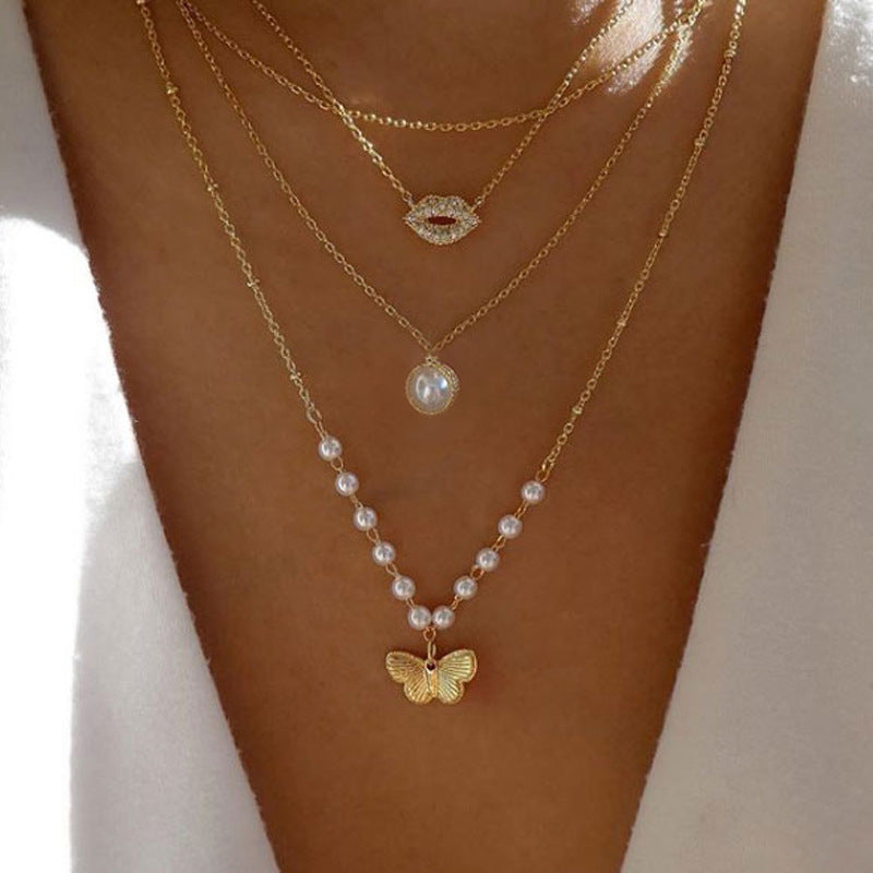 17KM-Multilayer Butterfly Pearl Necklace For Women Gold Pearl Choker Sun Star Jewelry Gift