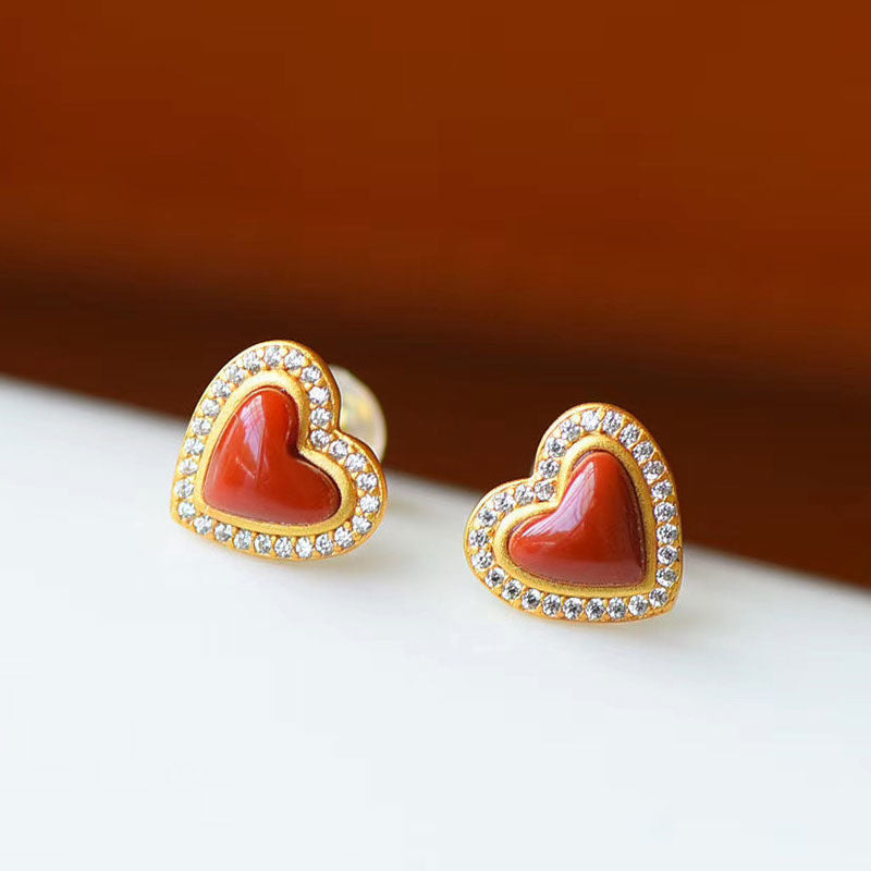 Natural South Red Agate Love Stud Earrings S925 Sterling Silver