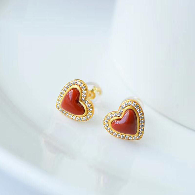 Natural South Red Agate Love Stud Earrings S925 Sterling Silver