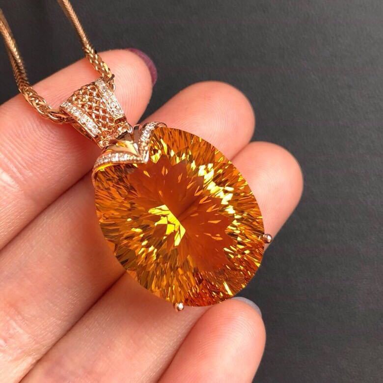 Citrine Pendant, Large Grain Crystals, All-clean Fire, Flashing S925 Silver, Gold-plated Inlaid