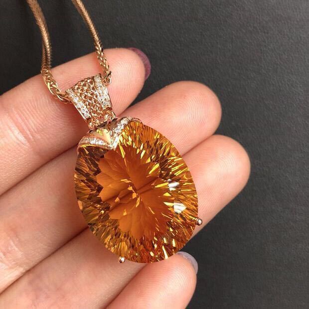 Citrine Pendant, Large Grain Crystals, All-clean Fire, Flashing S925 Silver, Gold-plated Inlaid